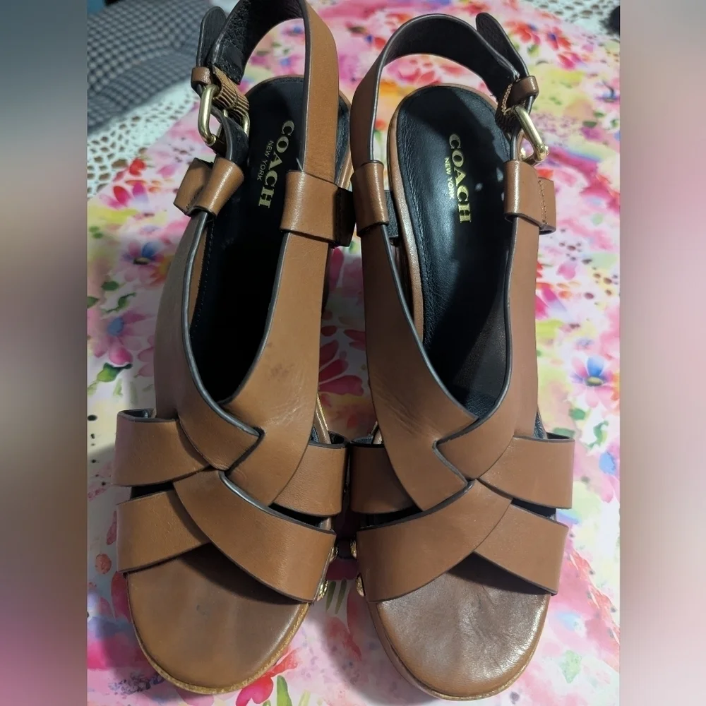 Coach Brown and Gold Heels with Chunky Block Design